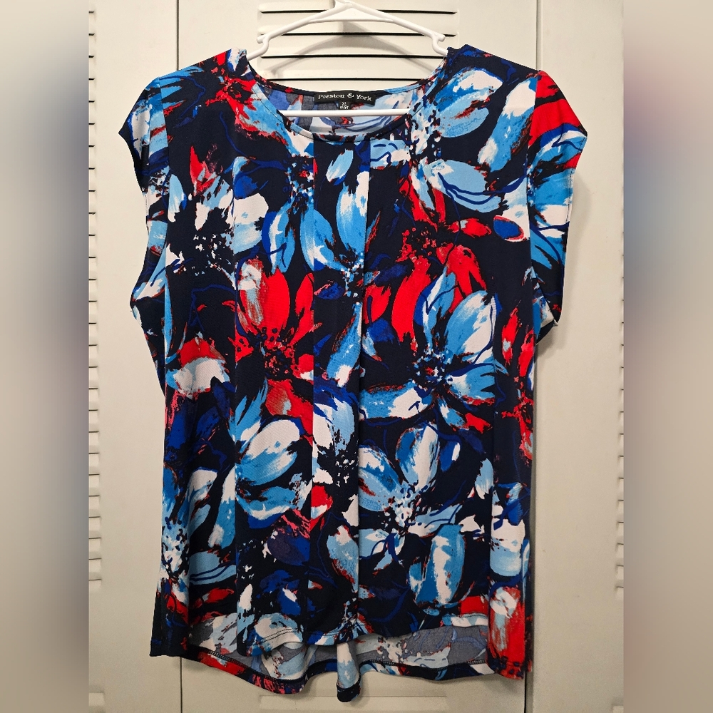 Preston & York Red and Blue Graphic Cap Sleeve Blouse
